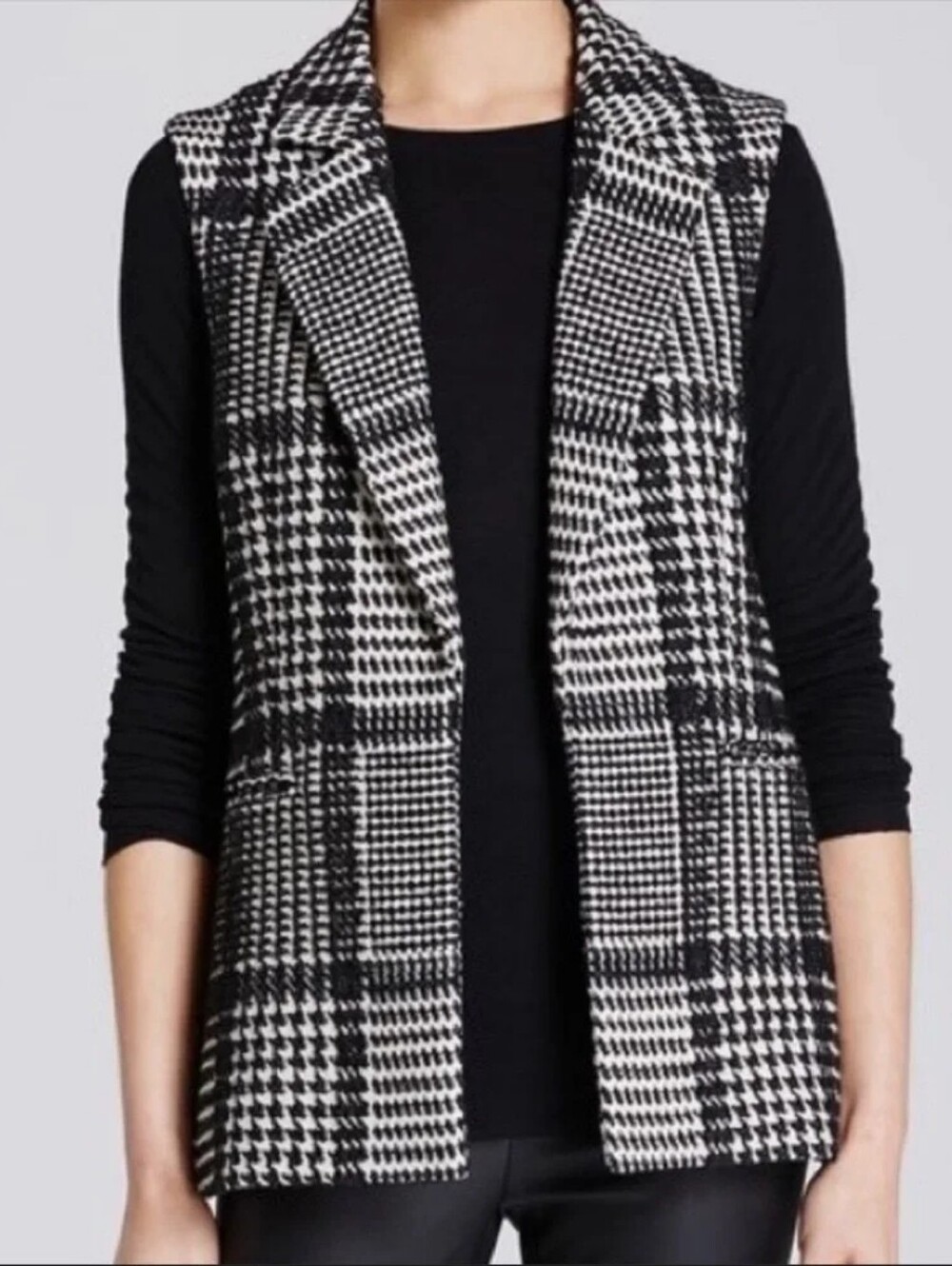 Theory Eldora Houndstooth Open Vest Wool Blend Black/Ivory Size 4
